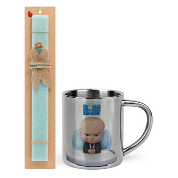The boss baby, Easter Set, metallic thermal cup (300ml) & aromatic flat Easter candle (30cm) (TURQUOISE)