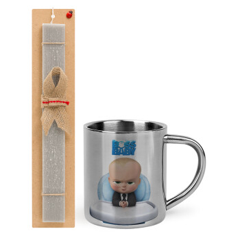 The boss baby, Easter Set, metallic thermal cup (300ml) & Easter aromatic flat candle (30cm) (GRAY)