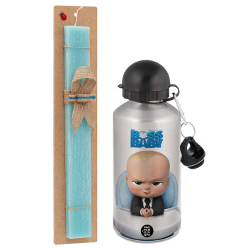 The boss baby, Easter Set, metallic silver aluminum water bottle (500ml) & scented flat Easter candle (30cm) (TURQUOISE)