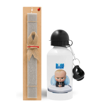 The boss baby, Easter Set, metallic aluminum water bottle (500ml) & aromatic flat Easter candle (30cm) (GRAY)