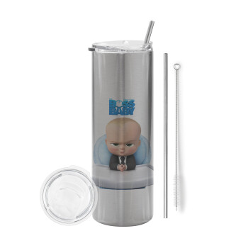 The boss baby, Eco friendly stainless steel Silver tumbler 600ml, with metal straw & cleaning brush