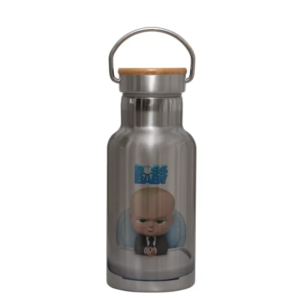 The boss baby — Stainless steel metallic thermos flask, silver with a bamboo lid, double-walled, 350ml.