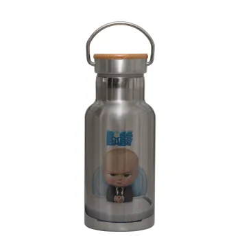The boss baby, Stainless steel metallic thermos flask, silver with a bamboo lid, double-walled, 350ml.
