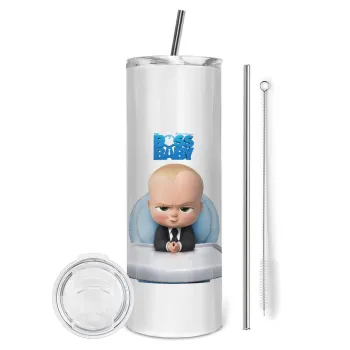 The boss baby, Tumbler ποτήρι θερμό από ανοξείδωτο ατσάλι 600ml, με μεταλλικό καλαμάκι & βούρτσα καθαρισμού