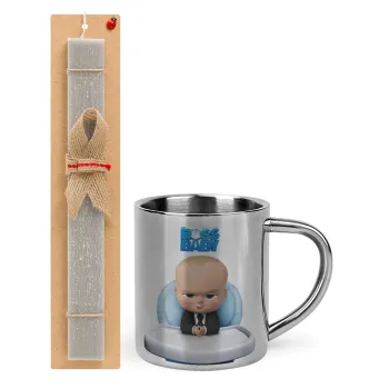The boss baby, Easter Set, metallic thermal cup (300ml) & Easter aromatic flat candle (30cm) (GRAY)