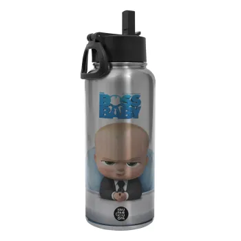 The boss baby, Μεταλλικό παγούρι θερμός Silver με καλαμάκι και χερούλι (Stainless steel), διπλού τοιχώματος, 950ml