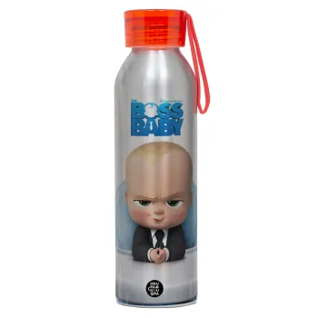 The boss baby, Αλουμινένιο Αθλητικό Μπουκάλι 650ml – Ασημί με Κόκκινο Καπάκι και Λουράκι Σιλικόνης