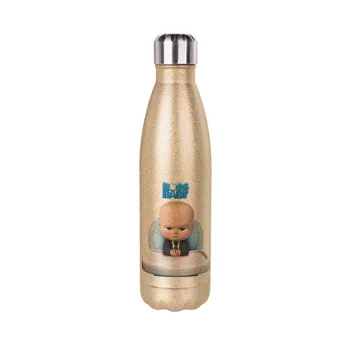 The boss baby, Μεταλλικό παγούρι θερμός Glitter χρυσό (Stainless steel), διπλού τοιχώματος, 500ml