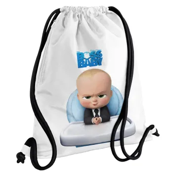 The boss baby, Backpack pouch GYMBAG white, with pocket (40x48cm) & thick cords