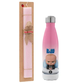 The boss baby, Easter Set, Metallic pink/white (Stainless steel) thermos, double-walled, 500ml & aromatic flat Easter candle (30cm) (PINK)