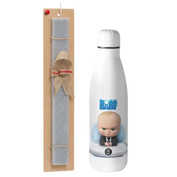 The boss baby, Easter Set, metallic stainless thermos bottle (500ml) & scented flat Easter candle (30cm) (GRAY)