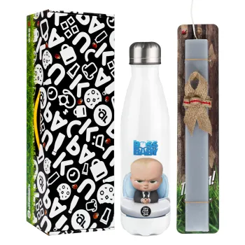 The boss baby, Πασχαλινή Λαμπάδα με μεταλλικό παγούρι θερμός λευκός (500ml) & λαμπάδα αρωματική πλακέ (30cm) (ΓΚΡΙ)
