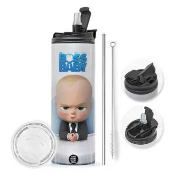 The boss baby, Travel Tumbler 2 Lids, with metal straw & cleaning brush (Stainless steel 304 Food grade, BPA free, 600ml)