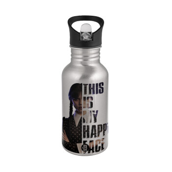 Wednesday, This is my happy face, Water bottle Silver with straw, stainless steel 500ml