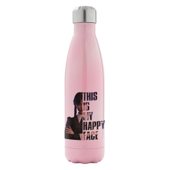 Wednesday, This is my happy face, Metal mug thermos Pink Iridiscent (Stainless steel), double wall, 500ml