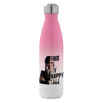 Wednesday, This is my happy face, Metal mug thermos Pink/White (Stainless steel), double wall, 500ml