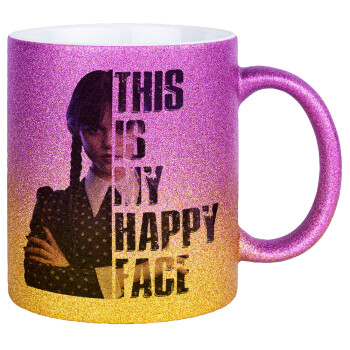Wednesday, This is my happy face, Κούπα Χρυσή/Ροζ Glitter, κεραμική, 330ml