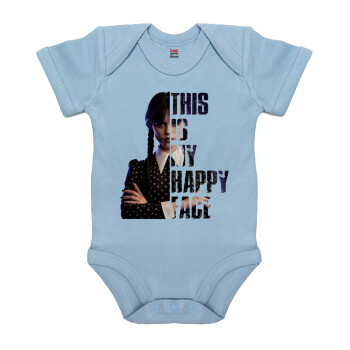 Wednesday, This is my happy face, Βρεφικό φορμάκι μωρού, 0-18 μηνών, Μπλε, 100% Organic Cotton, κοντομάνικο
