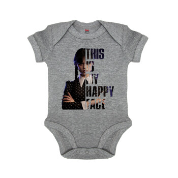 Wednesday, This is my happy face, Βρεφικό φορμάκι μωρού, 0-18 μηνών, ΓΚΡΙ ΜΕΛΑΝΖΕ, 100% Organic Cotton, κοντομάνικο