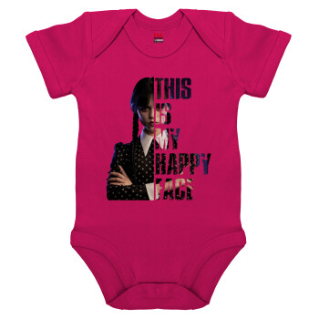 Wednesday, This is my happy face, Βρεφικό φορμάκι μωρού, 0-18 μηνών, ΡΟΖ, 100% Organic Cotton, κοντομάνικο