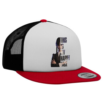 Wednesday, This is my happy face, Καπέλο Ενηλίκων Foam Flat Snapback με Δίχτυ Κόκκινο-Λευκό-Μαύρο (POLYESTER, ΕΝΗΛΙΚΩΝ, UNISEX, ONE SIZE)