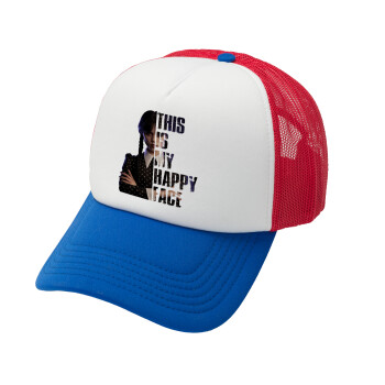Wednesday, This is my happy face, Καπέλο Ενηλίκων Soft Trucker με Δίχτυ Red/Blue/White (POLYESTER, ΕΝΗΛΙΚΩΝ, UNISEX, ONE SIZE)