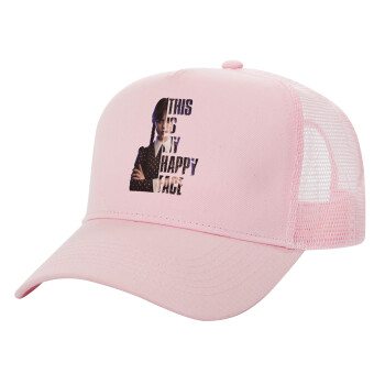 Wednesday, This is my happy face, Structured Trucker Children's Hat, with Mesh, PINK (100% COTTON, CHILDREN'S, UNISEX, ONE SIZE)