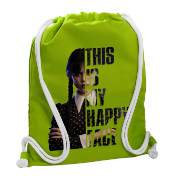 Wednesday, This is my happy face, Τσάντα πλάτης πουγκί GYMBAG LIME GREEN, με τσέπη (40x48cm) & χονδρά κορδόνια