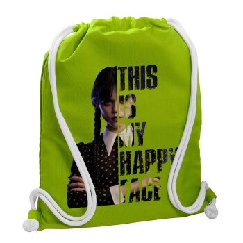 Wednesday, This is my happy face, Backpack bag GYMBAG LIME GREEN, with pocket (40x48cm) & thick cords