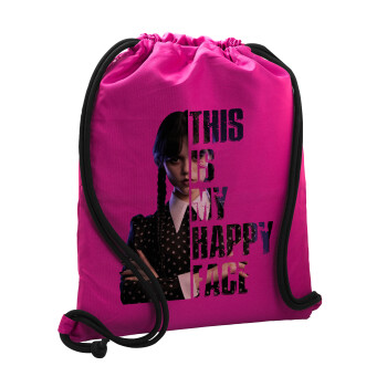 Wednesday, This is my happy face, Backpack pouch GYMBAG Fuchsia, with pocket (40x48cm) & thick cords