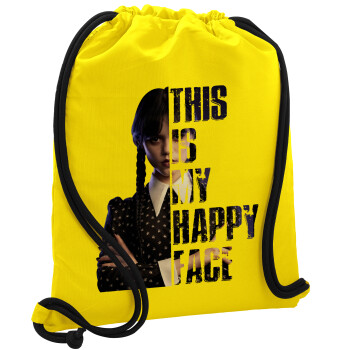 Wednesday, This is my happy face, Τσάντα πλάτης πουγκί GYMBAG Κίτρινη, με τσέπη (40x48cm) & χονδρά κορδόνια