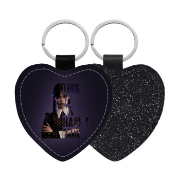 Wednesday, This is my happy face, Μπρελόκ PU δερμάτινο glitter καρδιά ΜΑΥΡΟ