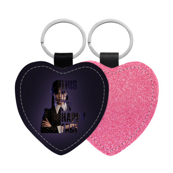 Wednesday, This is my happy face, Μπρελόκ PU δερμάτινο glitter καρδιά ΡΟΖ