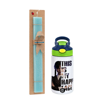 Wednesday, This is my happy face, Easter Set, Children's thermal stainless steel bottle with safety straw, green/blue (350ml) & aromatic flat Easter candle (30cm) (TURQUOISE)