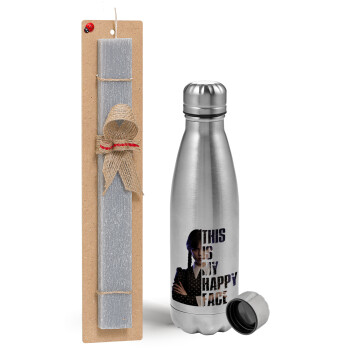 Wednesday, This is my happy face, Easter Set, metallic Inox water bottle (750ml) & aromatic flat Easter candle (30cm) (GRAY)