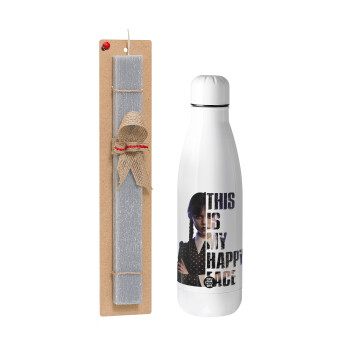 Wednesday, This is my happy face, Easter Set, metallic stainless thermos bottle (500ml) & scented flat Easter candle (30cm) (GRAY)