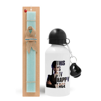 Wednesday, This is my happy face, Easter Set, metallic aluminum water bottle (500ml) & scented flat candle (30cm) (TURQUOISE)