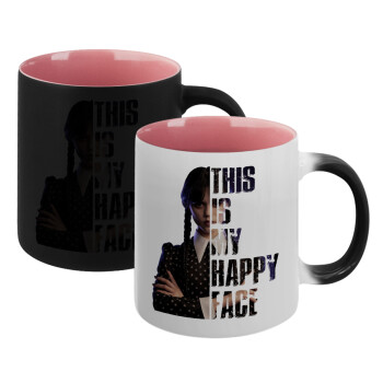 Wednesday, This is my happy face, Κούπα Μαγική εσωτερικό ΡΟΖ, κεραμική 330ml που αλλάζει χρώμα με το ζεστό ρόφημα