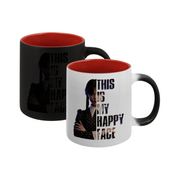 Wednesday, This is my happy face, Κούπα Μαγική εσωτερικό κόκκινο, κεραμική, 330ml που αλλάζει χρώμα με το ζεστό ρόφημα