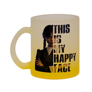 Wednesday, This is my happy face, Κούπα γυάλινη δίχρωμη με βάση το κίτρινο ματ, 330ml