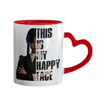 Wednesday, This is my happy face, Mug heart red handle, ceramic, 330ml