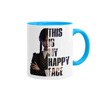Wednesday, This is my happy face, Mug colored light blue, ceramic, 330ml