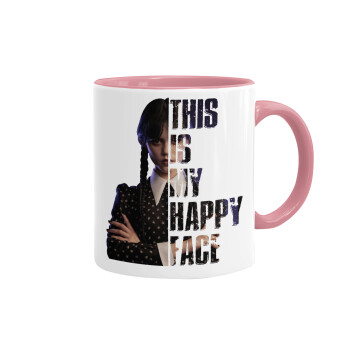 Wednesday, This is my happy face, Mug colored pink, ceramic, 330ml