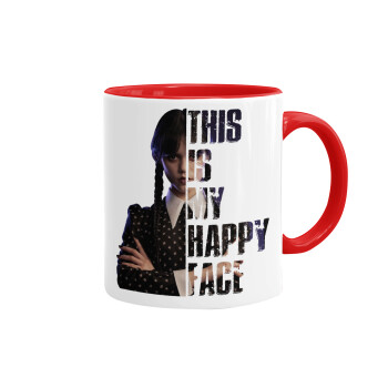 Wednesday, This is my happy face, Mug colored red, ceramic, 330ml