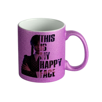 Wednesday, This is my happy face, Κούπα Μωβ Glitter που γυαλίζει, κεραμική, 330ml
