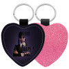Μπρελόκ PU δερμάτινο glitter καρδιά ΡΟΖ