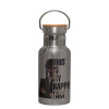Stainless steel metallic thermos flask, silver with a bamboo lid, double-walled, 350ml.