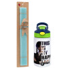Easter Set, Children's thermal stainless steel bottle with safety straw, green/blue (350ml) & aromatic flat Easter candle (30cm) (TURQUOISE)
