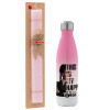 Easter Set, Metallic pink/white (Stainless steel) thermos, double-walled, 500ml & aromatic flat Easter candle (30cm) (PINK)