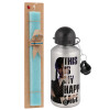 Easter Set, metallic silver aluminum water bottle (500ml) & scented flat Easter candle (30cm) (TURQUOISE)